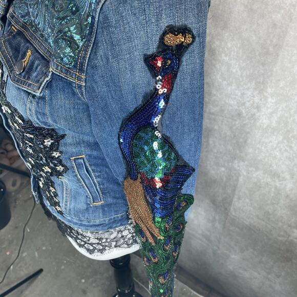 Embellished Denim Jacket Women’s Small Angel Beaded Peacock Lace Sequins Stars - Picture 4 of 10